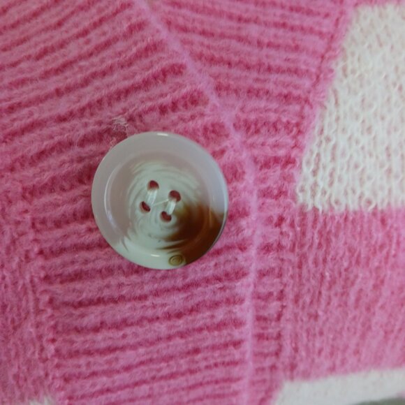 BIBI Pink & Ivory Mixed Checkered Oversized Cardigan Sweater Size LRG, Cozy Chic - Picture 3 of 16